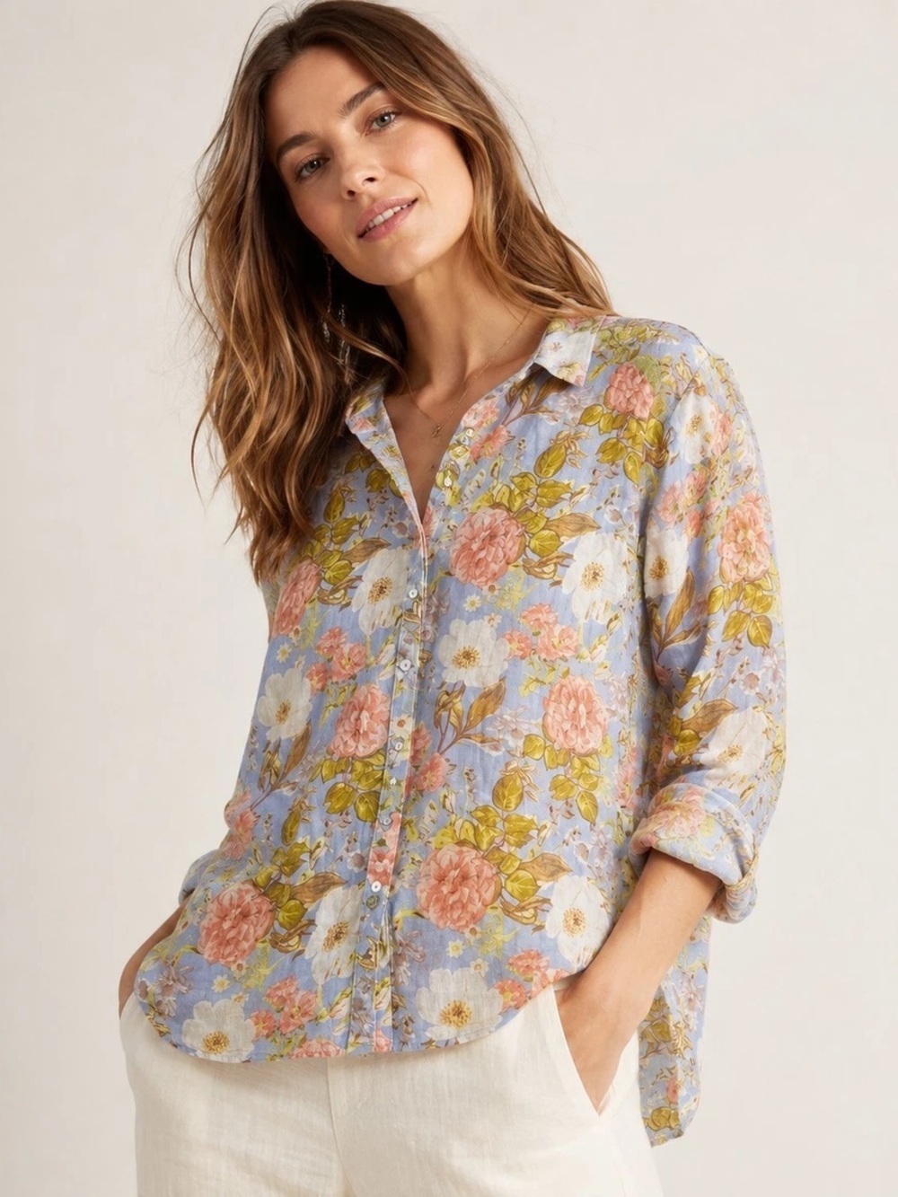 Linen Floral Button-Down Shirt (Medium)